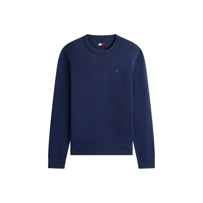 Pull Tommy Hilfiger Jeans bleu marine pour homme, col rond, poignets et ourlet côtelés, logo brodé sur la poitrine gauche, en coton biologique