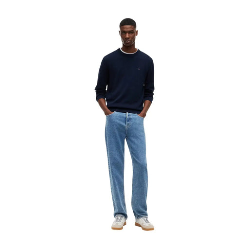 Navy blue Tommy Hilfiger Jeans men knitwear crewneck sweater with white ribbed trim and organic cotton material