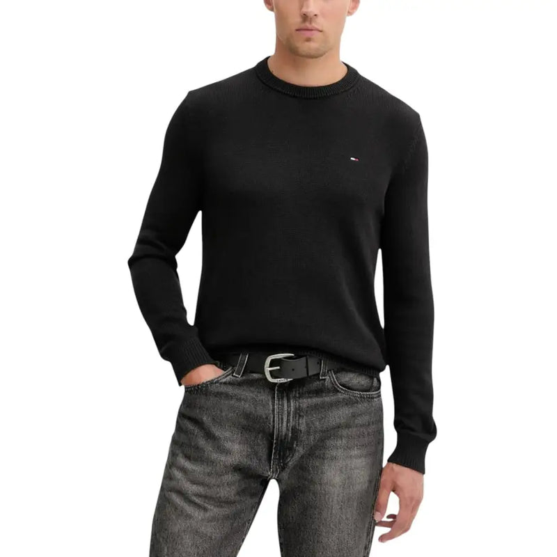 Noir Tommy Hilfiger Pull à col rond avec poignets et encolure côtelés en maille de coton pour homme
