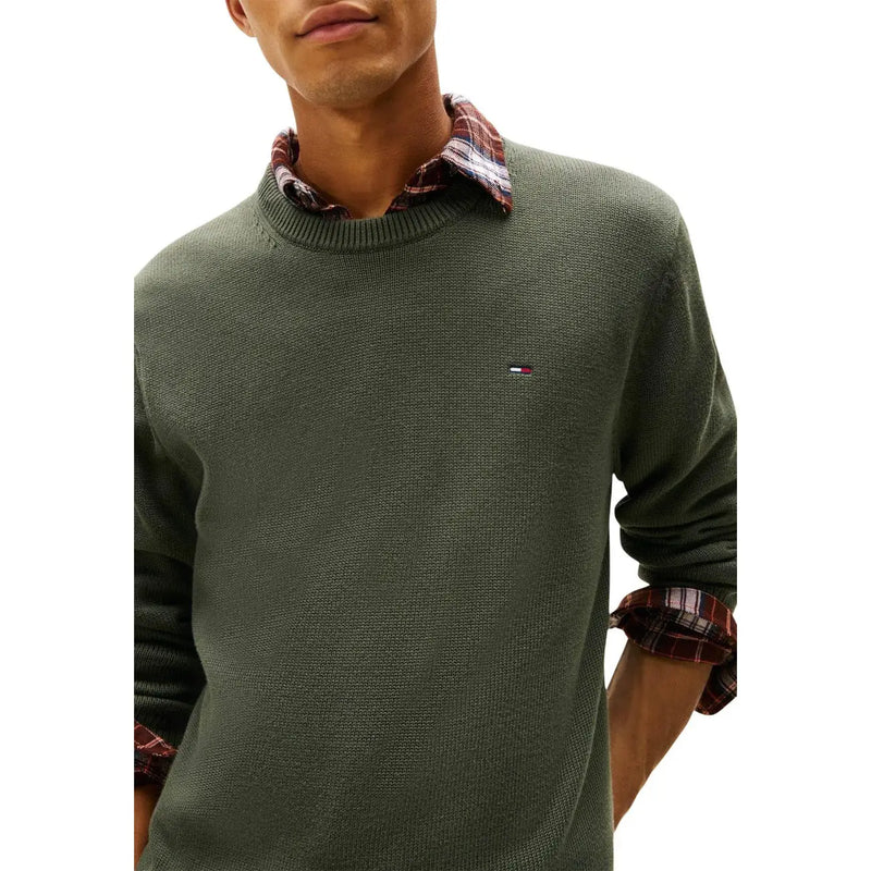 Olive green textured knit sweater with small tommy hilfiger logo on chest made of cotton for men knitwear collection