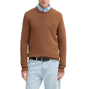 Pull en maille côtelée marron en coton, col rond et taille S Tommy Hilfiger logo sur la poitrine gauche pour hommes