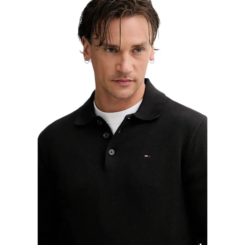 Polo slim en maille texturée noire avec petite taille Tommy Hilfiger logo en coton biologique pour hommes