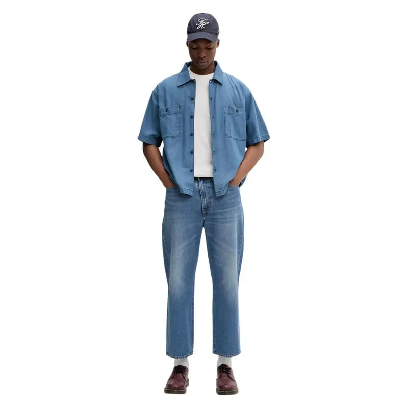 Chemise en denim bleu à manches courtes et boutons, avec deux poches poitrine, en coton, pour jeans Tommy Hilfiger homme, coupe slim, beige, taille S