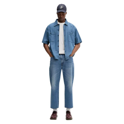 Chemise en denim bleu à manches courtes et boutons, avec deux poches poitrine, en coton, pour jeans Tommy Hilfiger homme, coupe slim, beige, taille S