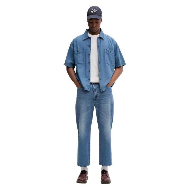 Blue denim short-sleeved button-up shirt with two chest pockets in cotton for tommy hilfiger jeans men slim t shirt beige s