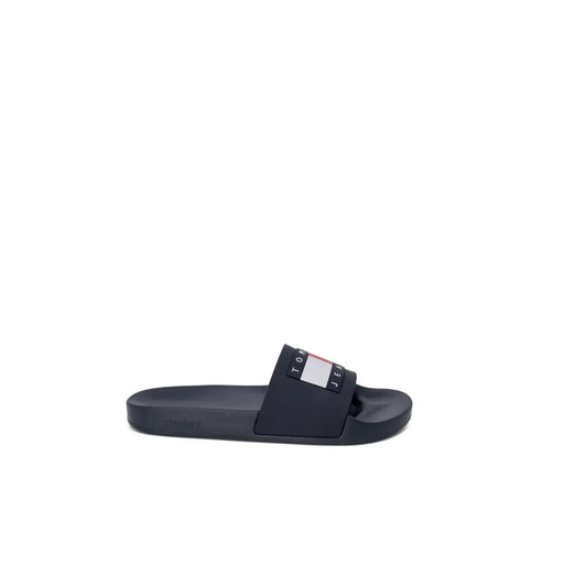 Black tommy hilfiger jeans men slippers in size 2 featuring a rubber slide sandal with logo strap and signature flag design
