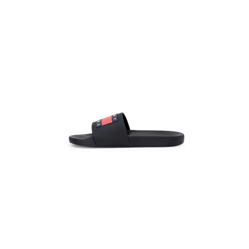 Sandales Tommy Hilfiger noires en caoutchouc avec bande logo rouge et marine sur la bride, pointure 2 homme
