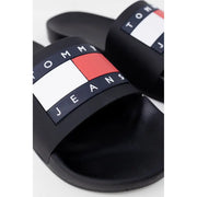 Sandales à enfiler Tommy Hilfiger Jeans pour homme, en caoutchouc noir, avec bride logo bleu marine, blanc et rouge, taille 2