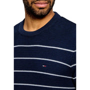 Tommy Hilfiger Jeans Pull rayé bleu et blanc pour homme, en maille de coton biologique avec logo sur la poitrine