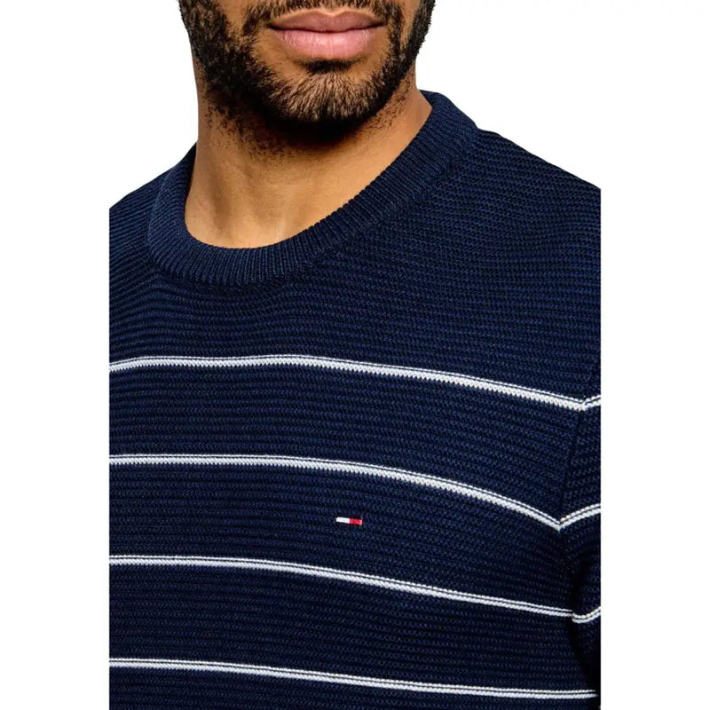 Tommy Hilfiger Jeans Pull rayé bleu et blanc pour homme, en maille de coton biologique avec logo sur la poitrine