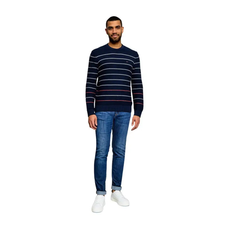 Tommy Hilfiger Jeans Pull homme en maille de coton biologique bleu marine à rayures horizontales blanches et rouges