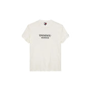 T-shirt Tommy Hilfiger Jeans pour homme, couleur crème, en coton beige avec logo imprimé noir et blanc sur la poitrine.