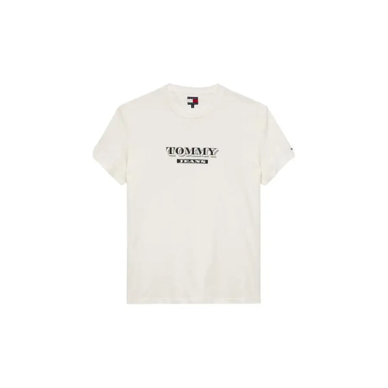 T-shirt Tommy Hilfiger Jeans pour homme, couleur crème, en coton beige avec logo imprimé noir et blanc sur la poitrine.