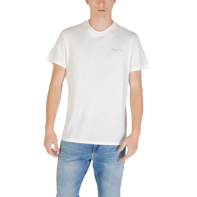 Blanc Tommy Hilfiger col rond en coton t-shirt pour hommes avec un logo discret sur la poitrine gauche Tommy Hilfiger Jeans collection