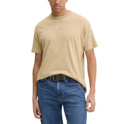 Tommy Hilfiger Jeans col rond beige t-shirt avec un logo blanc discret sur la poitrine pour homme en coton décontracté