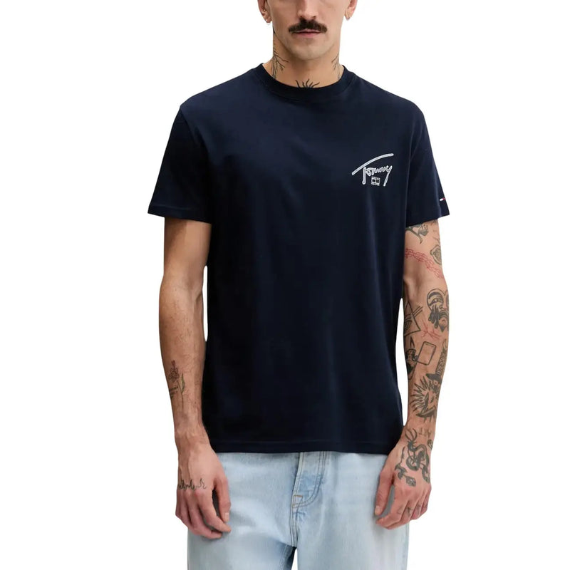Navy blue Tommy Hilfiger Jeans men t-shirt with white logo on left chest, short-sleeved and casual wear