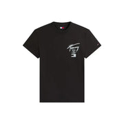 Black tommy hilfiger jeans men t-shirt with white graphic logo on chest and small flag tag at collar