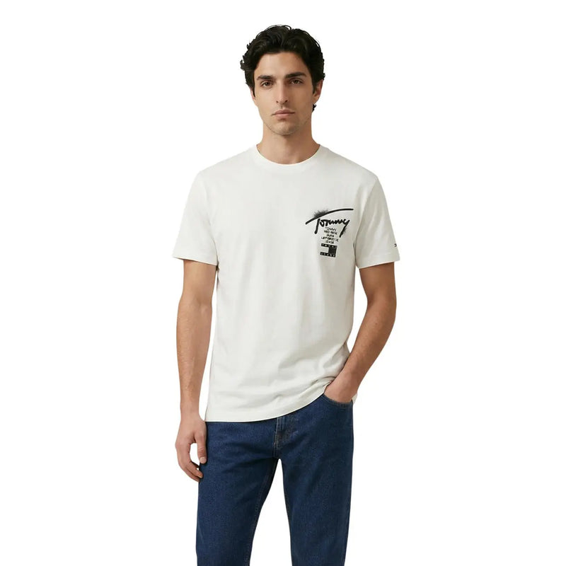 Tommy Hilfiger Jeans men t-shirt white cotton with black graphic logo on left chest for casual wear