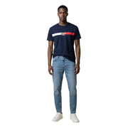 coton bleu marine Tommy Hilfiger Jeans hommes t-shirt avec une rayure horizontale blanche et rouge sur la poitrine