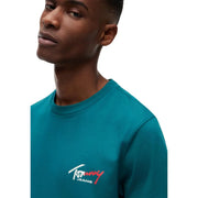Col rond en coton turquoise t-shirt avec du blanc et du rouge Tommy Hilfiger Jeans broderie de logo pour hommes