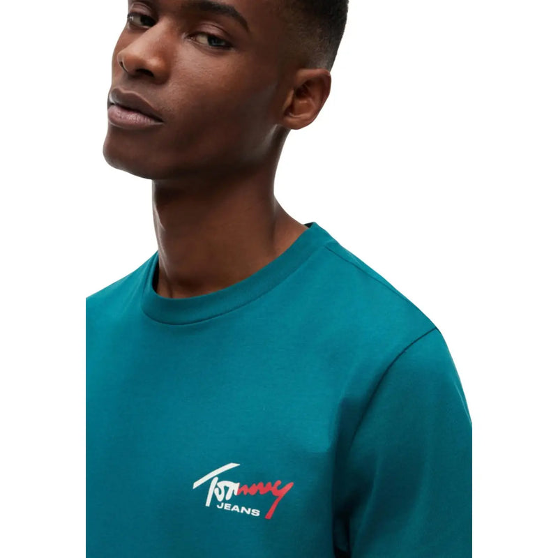 Col rond en coton turquoise t-shirt avec du blanc et du rouge Tommy Hilfiger Jeans broderie de logo pour hommes