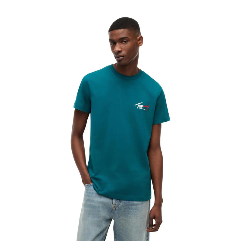 Sarcelle Tommy Hilfiger logo t-shirt pour hommes en tissu coton de style décontracté de Tommy Hilfiger collection de jeans