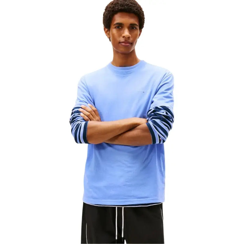 bleu clair Tommy Hilfiger Jeans T-shirt homme à manches longues, poignets rayés bleu marine et blanc, en coton biologique