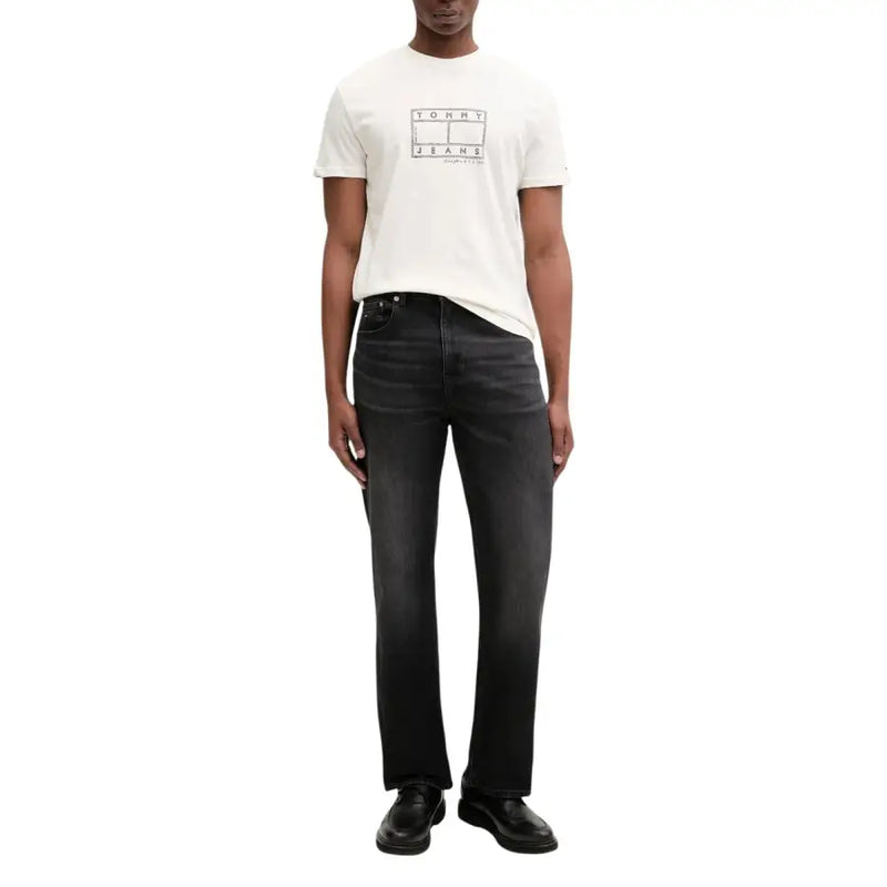 Tommy Hilfiger Jeans T-shirt homme blanc en coton bio avec logo noir imprimé sur la poitrine