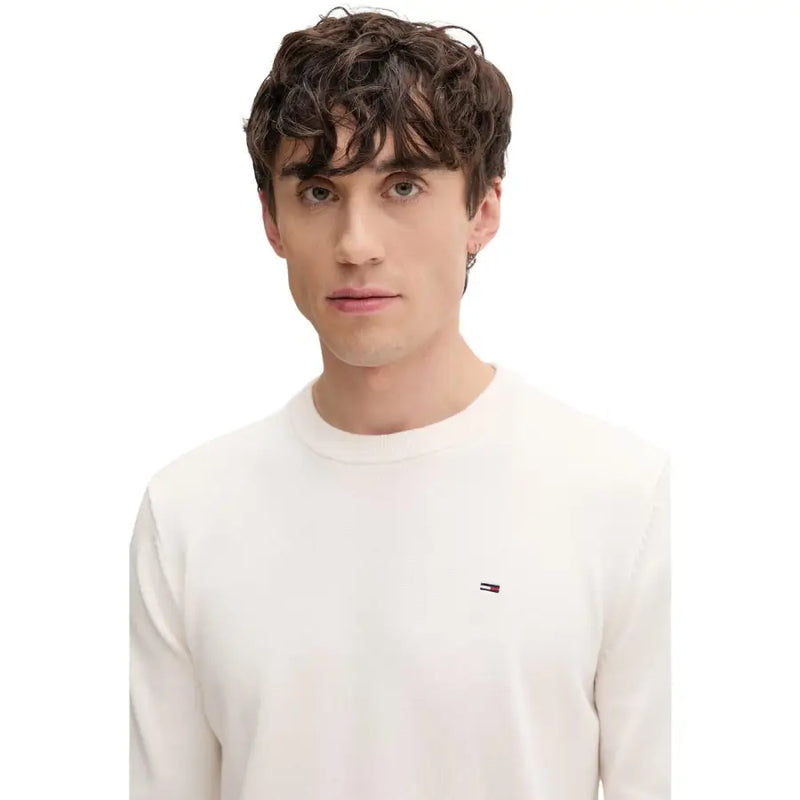 Pull blanc à manches longues et col rond en maille avec petite Tommy Hilfiger logo en coton biologique pour hommes