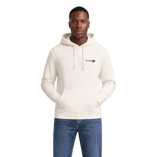 Sweat à capuche Tommy Hilfiger couleur crème avec petit logo sur la poitrine et cordons de serrage, en coton biologique blanc pour homme