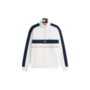 Sweat-shirt Tommy Hilfiger Jeans blanc pour homme, à demi-zip, manches bleu marine et surpiqûres rouges, en coton biologique
