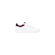 White leather low-top sneaker with burgundy accents and black laces.