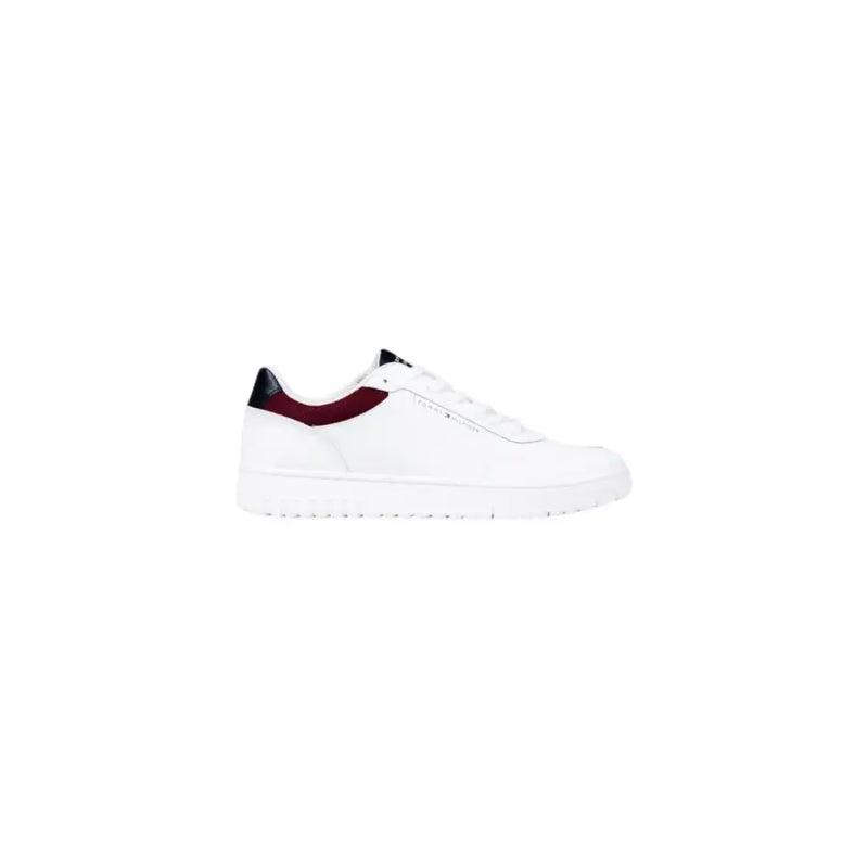 White leather low-top sneaker with burgundy accents and black laces.
