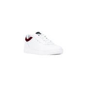 White leather low-top sneaker with burgundy accents and nike swoosh logo.