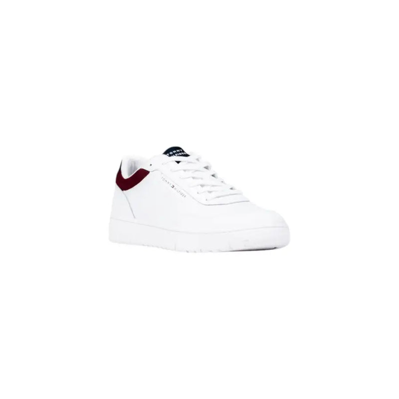 White leather low-top sneaker with burgundy accents and nike swoosh logo.