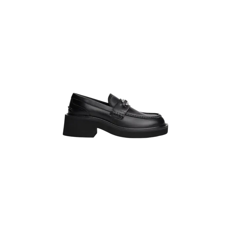 Tommy Hilfiger black leather moccasins with chunky heel and metallic buckle