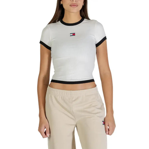Tommy Hilfiger T-shirt court côtelé en coton biologique noir pour femme, avec finitions