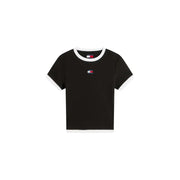 Jean noir Tommy Hilfiger pour femme en coton biologique t-shirt avec des bordures côtelées blanches au col, aux poignets et à l'ourlet
