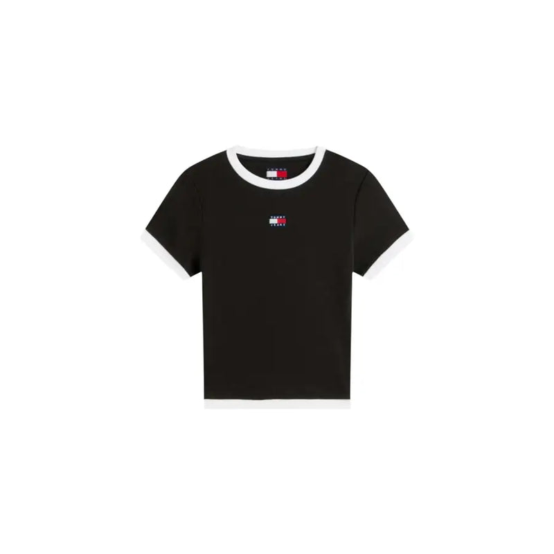 Jean noir Tommy Hilfiger pour femme en coton biologique t-shirt avec des bordures côtelées blanches au col, aux poignets et à l'ourlet