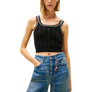 Tommy Hilfiger jeans femme noirs en maille courte top en coton biologique avec bordure blanche et petit logo sur la poitrine