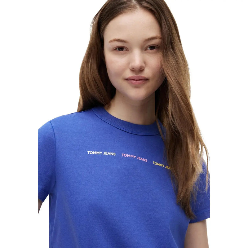 Tommy Hilfiger Jeans women blue organic cotton t shirt with multicolored repeating logo across the chest