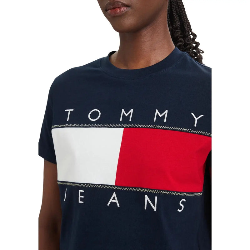 Navy blue Tommy Hilfiger Jeans women organic cotton t shirt with bold white and red flag logo and stitched detailing