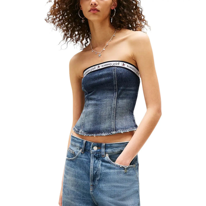 Corset sans bretelles en denim bleu top avec un bandeau élastique blanc Tommy Girl en coton biologique par Tommy Hilfiger Jeans