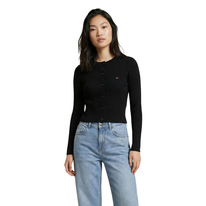 Tommy Hilfiger black ribbed knit button front cardigan with logo