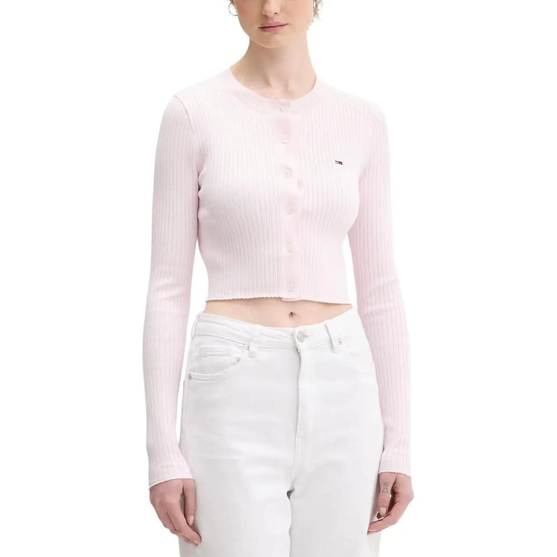 Tommy Hilfiger womens pink soft ribbed knit cropped cardigan with round neckline and logo on left chest