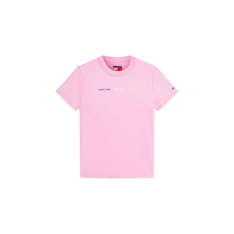 Pink tommy hilfiger jeans women organic cotton t shirt with subtle multicolored logo and small flag emblem on sleeve
