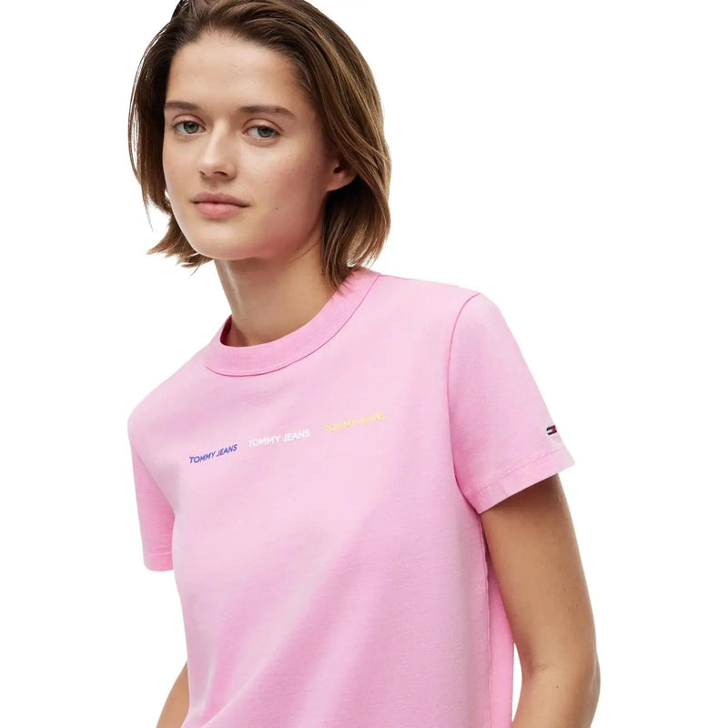 Pink tommy hilfiger jeans women organic cotton t shirt with subtle gradient logo and small brand tag on sleeve