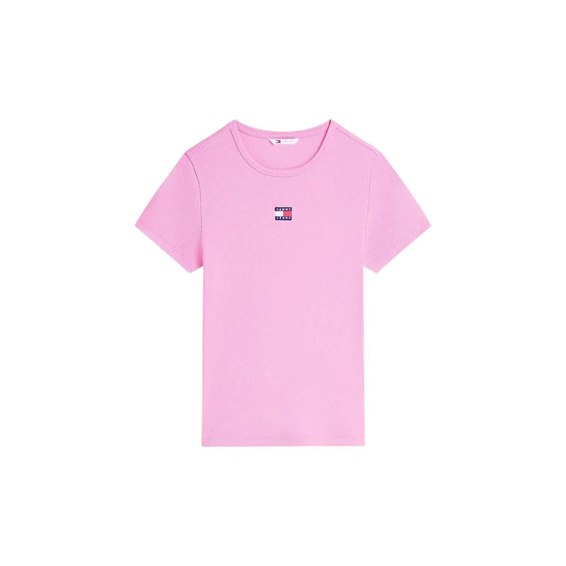 Rose Tommy Hilfiger T-shirt à manches courtes en coton côtelé avec petit logo sur la poitrine pour femme