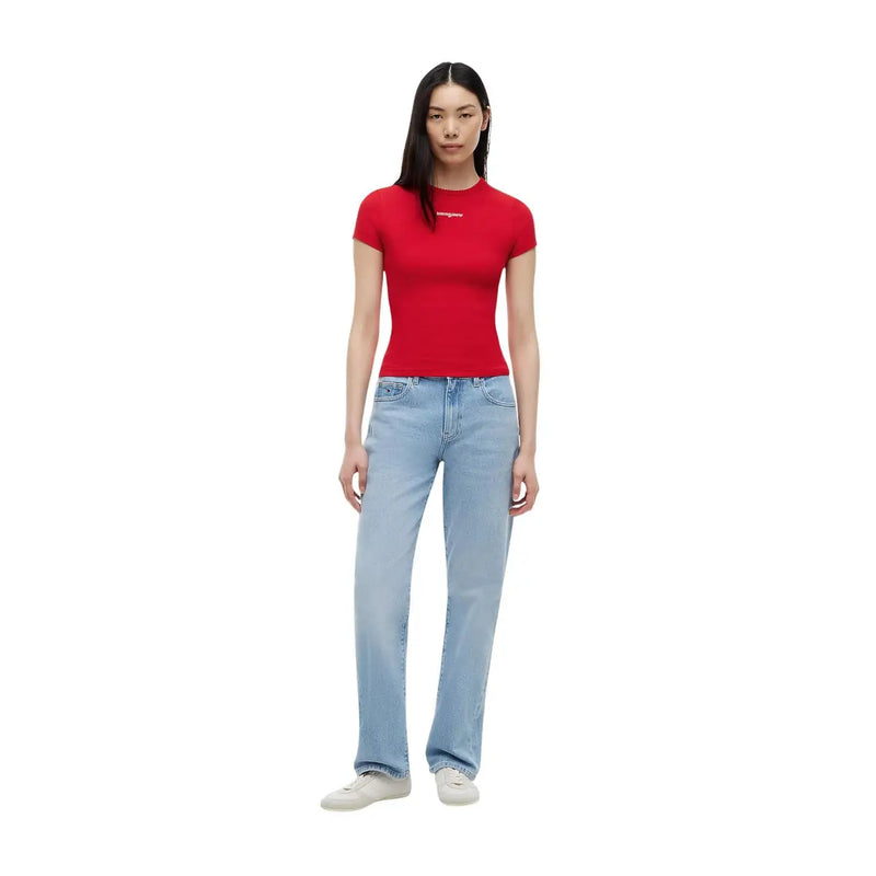 Tommy Hilfiger Jeans women red fitted short-sleeved organic cotton t shirt with subtle embroidered logo on chest