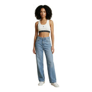 Tommy Hilfiger Jeans crop top blanc sans manches pour femmes top avec ceinture noire et détail logo en tissu mélangé de coton